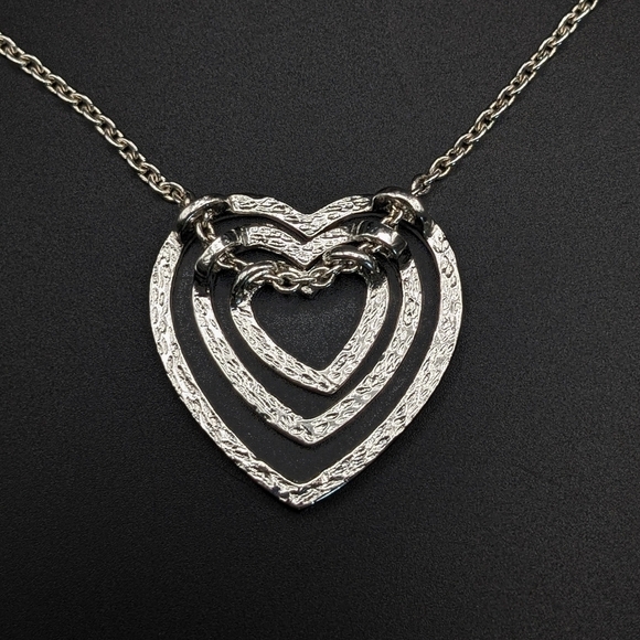 TRIPLE Heart Necklace With Blue Crystal Accents In Silver Tone - Picture 6 of 7